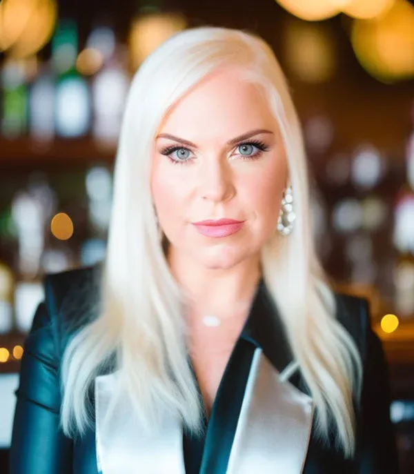 A blonde woman in a black jacket standing in front of a bar.