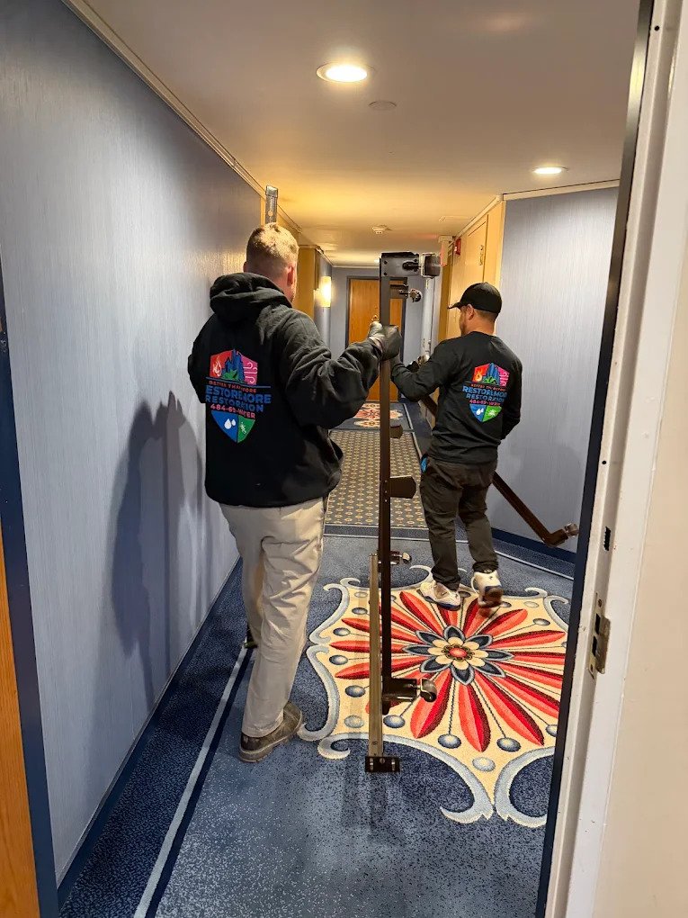 Two people in black hoodies carry a long metal object down a carpeted hallway with blue walls and a decorative red and white floral pattern on the floor.