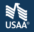 White silhouette of an eagle above the letters "USAA" on a dark blue background; the eagle's wings form horizontal stripes, representing strength and trust for insurance claims and answers to common questions.