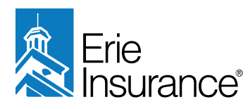 Erie Insurance logo featuring a blue square with a white building steeple illustration to the left of the black text "Erie Insurance," representing support for your Insurance Claims and questions.
