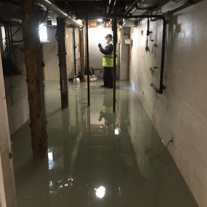 A worker in a neon vest examines a basement flooded with water, assessing the need for water damage restoration. Pipes and wooden beams line the walls, and reflections shimmer on the water-covered floor, signaling an urgent call for efficient cleanup.