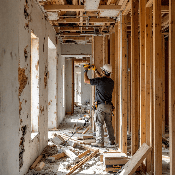 A construction worker uses a drill on wooden framing inside a partially built structure, preparing for water damage restoration. The area is lined with wooden beams, and debris is scattered on the floor. Sunlight streams through the window openings.