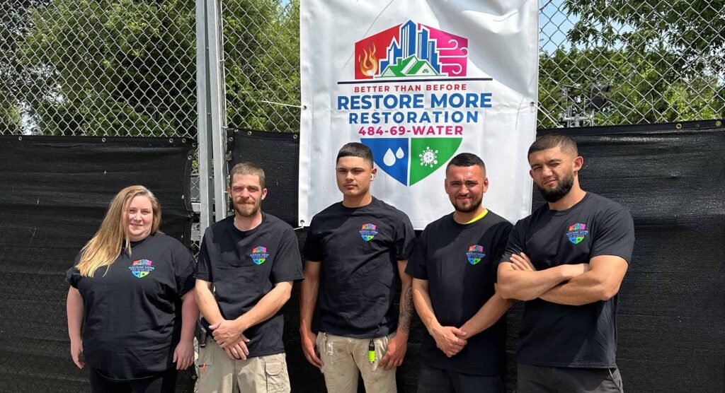 Five people wearing matching black shirts with a colorful logo stand in front of a fence and a banner that reads "Restore More Restoration 484-69-WATER." Trees are visible in the background.