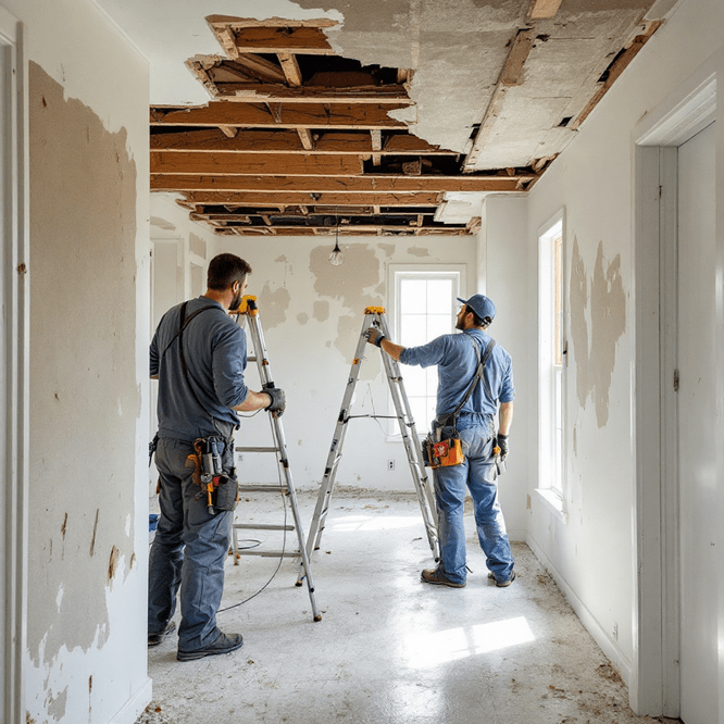 Two people stand on ladders in a partially renovated room with exposed ceiling beams, busy with water damage restoration. The space has torn wallpaper and tools scattered around, while bright natural light fills the scene through a window at the back.