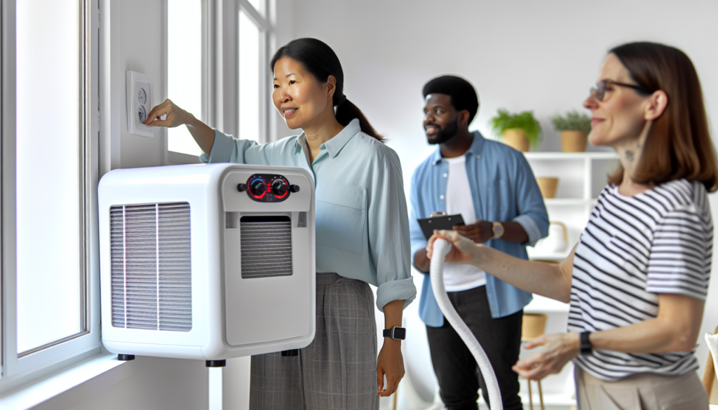 A group of people standing in front of an air conditioner.