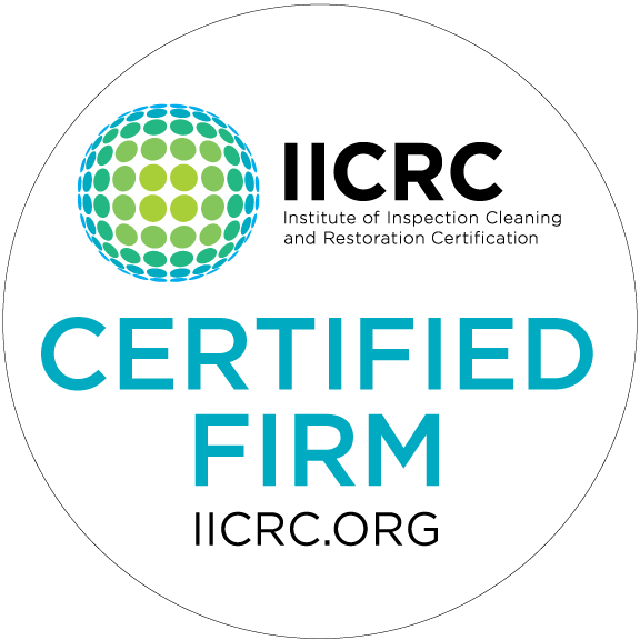IICRC Certified Firm badge with a blue and green globe design, displaying “IICRC Institute of Inspection Cleaning and Restoration Certification Certified Firm,” ideal for any restoration company specializing in water damage. Website: IICRC.ORG on a white background.