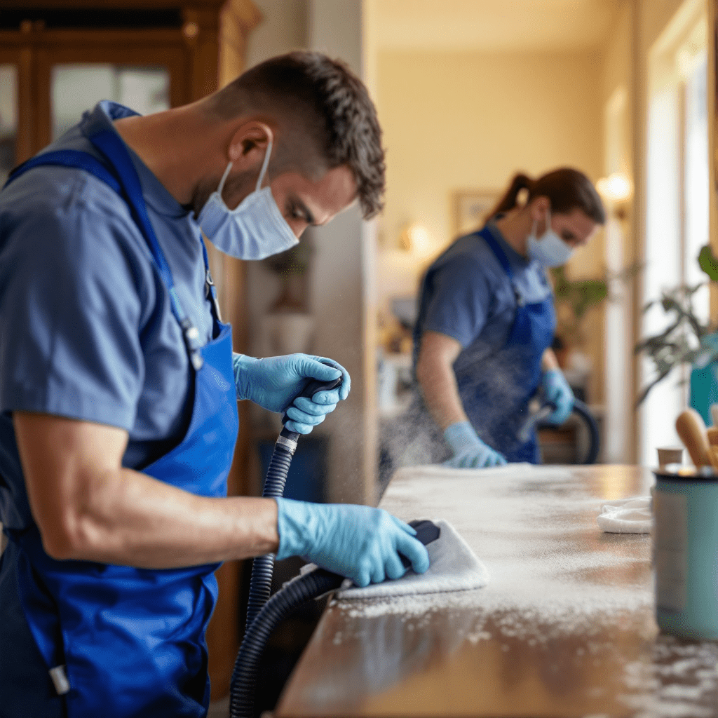 Two cleaning professionals in blue uniforms, gloves, and masks skillfully use steam cleaners on a wooden table in a well-lit room. Dust and steam rise as they efficiently tackle potential mold damage restoration, with lush plants adding a soothing backdrop.