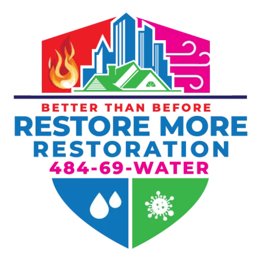 The logo for "Better Than Before Restore More Restoration" showcases a city skyline with flames, water, and wind icons. It highlights expert water damage cleanup services, featuring the text "484-69-WATER" within a shield design adorned with a water drop and virus symbol at the bottom.