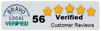 Badge with "Bravo Local Verified," five gold stars, and "56 Verified Customer Reviews" in bold black text, displayed as a block element to ensure visibility and credibility for your business rating.