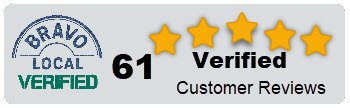 Graphic showing a "Bravo Local Verified" badge as a standout block element, 5 gold stars, the number 61, the word "Verified," and the phrase "Customer Reviews.