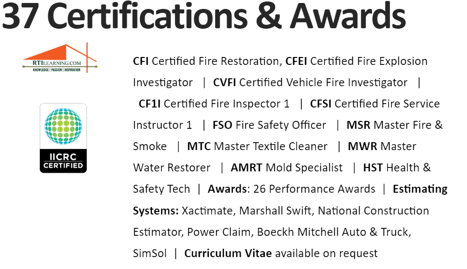 Image displaying a list titled "37 Certifications & Awards" that includes various fire safety, restoration, and estimating certifications, as well as an IICRC Certified logo.