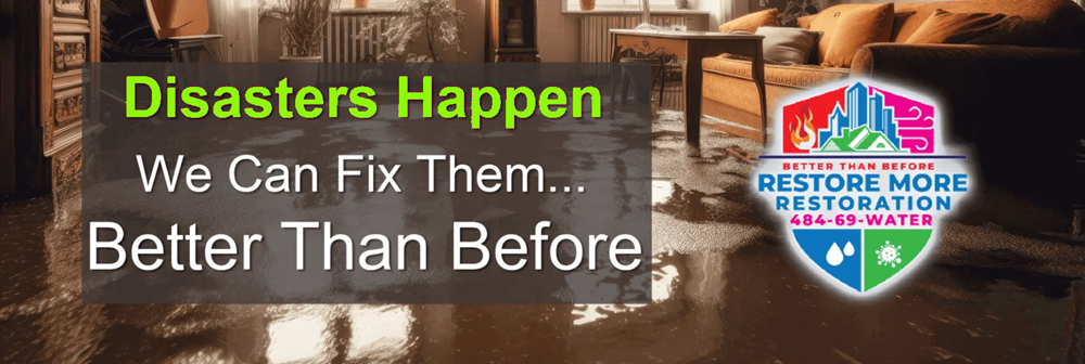 A room with water damage is shown. Text reads: "Disasters Happen. We Can Fix Them... Better Than Before." A logo with "Better Than Before Restore More, your trusted water damage restoration company in Folsom PA, 484-69-WATER" appears on the right.