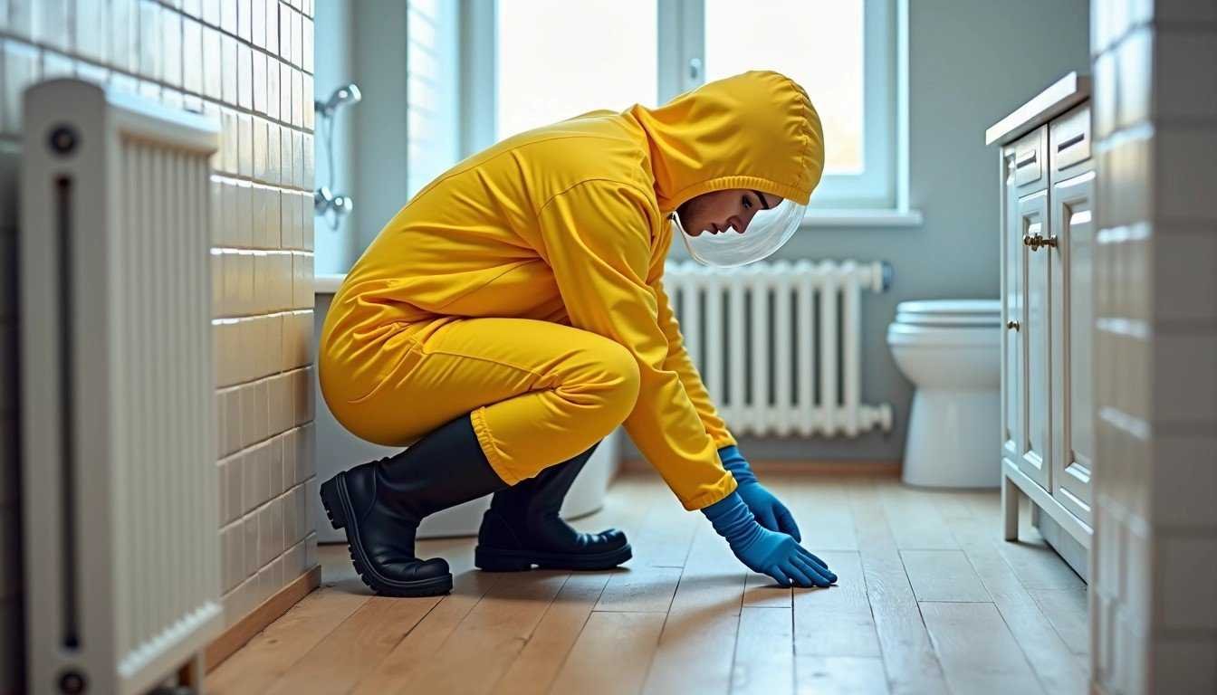 A person in a yellow hazmat suit and blue gloves kneels on a wooden floor in the bathroom, focused on water damage cleanup. The white tiled walls and visible radiator set the scene as they meticulously inspect or clean, ensuring no trace of mold remains.