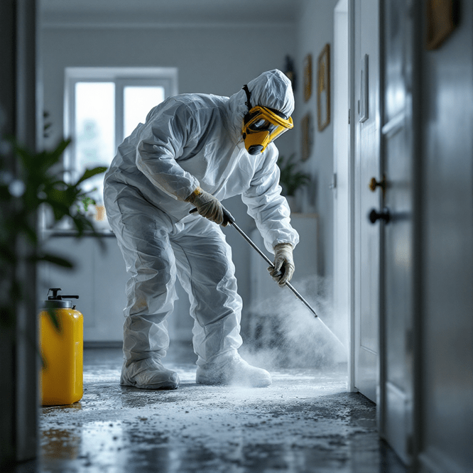 A person in a protective suit and mask sprays disinfectant in a hallway, expertly handling mold damage restoration. White powder coats the floor, with a yellow container nearby. A bright window at the end of the corridor creates a stark contrast with the room's subdued colors.