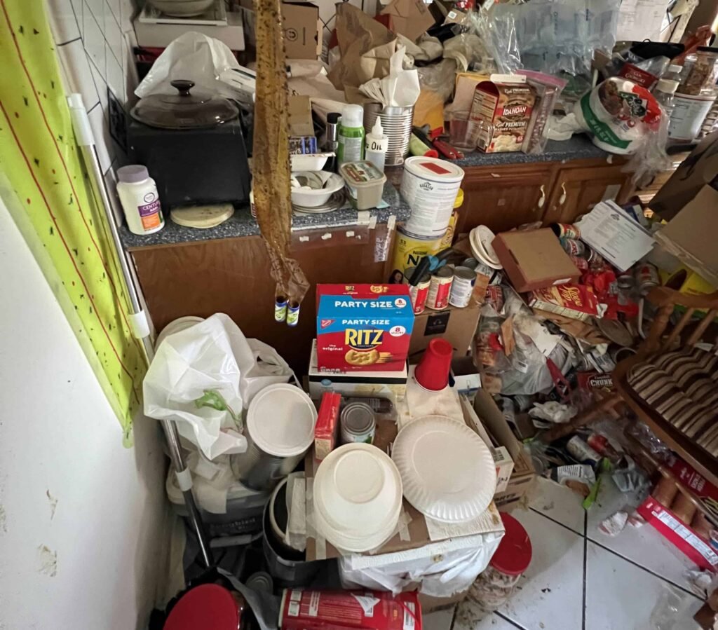 A cluttered kitchen with piles of food boxes, plastic bags, paper plates, and various containers scattered across counters, cabinets, and the floor, creating a chaotic and disorganized scene.