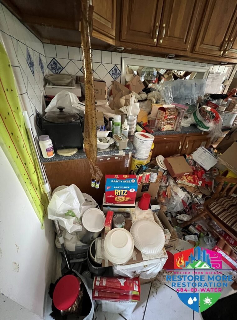 A cluttered kitchen countertop and sink area filled with stacks of food boxes, dishes, plastic containers, and bags. Cabinets are above and a company logo, "Restore More Restoration," is at the bottom right corner.