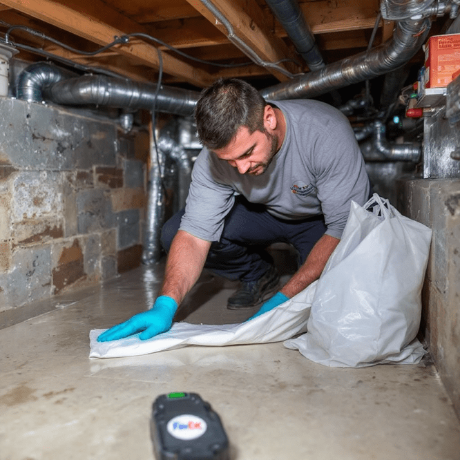 A person wearing a gray shirt and blue gloves is kneeling on the basement floor, focused on their task of laying a white mat. Amidst the visible pipes and stone walls, their work signifies careful water damage restoration efforts.