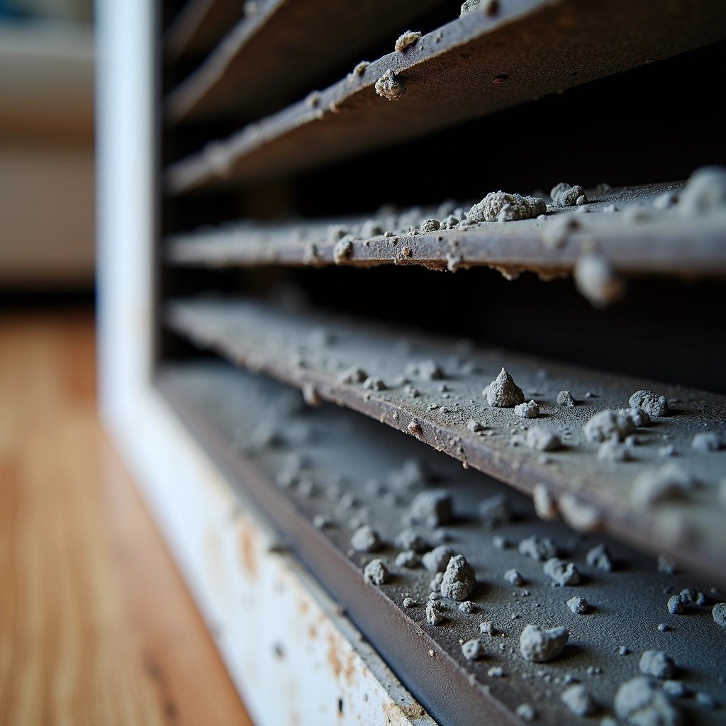 Close-up of a dirty air vent with several horizontal metal slats covered in dust clumps, set against a wooden floor background. The image emphasizes neglect and the need for cleaning or maintenance.