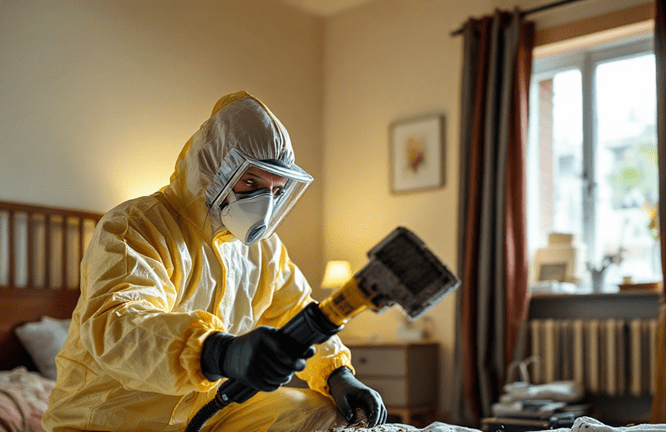 A person wearing a yellow hazmat suit and respirator focuses intently on their task, holding a tool with a brush in a well-lit room. The space, showing signs of mold damage restoration, features a bed, brown curtains, and a window in the background.