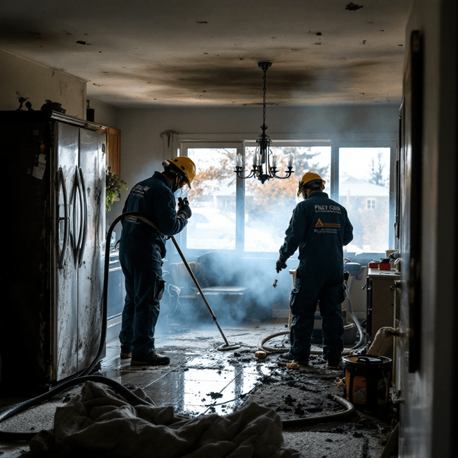 Two workers in protective clothing and helmets clean up a smoke-damaged kitchen. The room, filled with debris and signs of water damage, is illuminated by a large window in the background, aiding their restoration efforts.