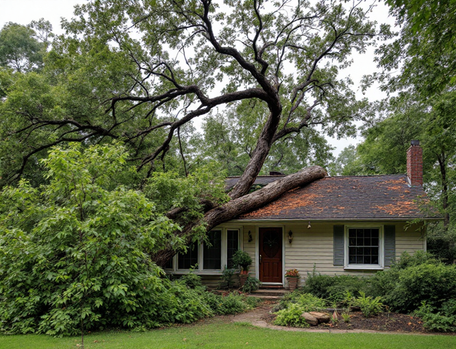 A fallen tree rests on the roof of a small house surrounded by lush greenery, necessitating water damage restoration. The tree's branches extend over the house, and the roof shows some damage. The house has a red door and a small front porch with plants.