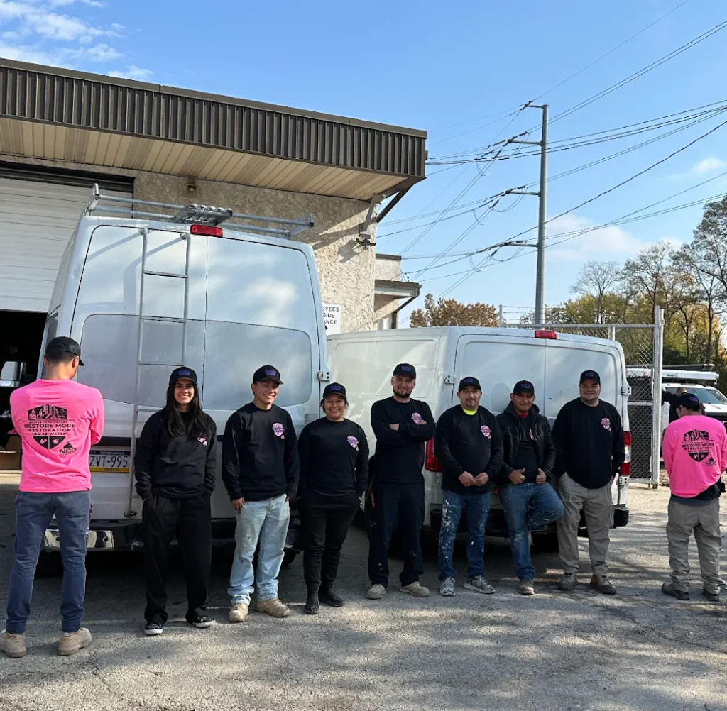 A group of nine people in matching work shirts stand and pose in front of two white vans outside a building on a sunny day. Two people wear bright pink shirts; the others wear black. Trees and a fence are visible in the background.